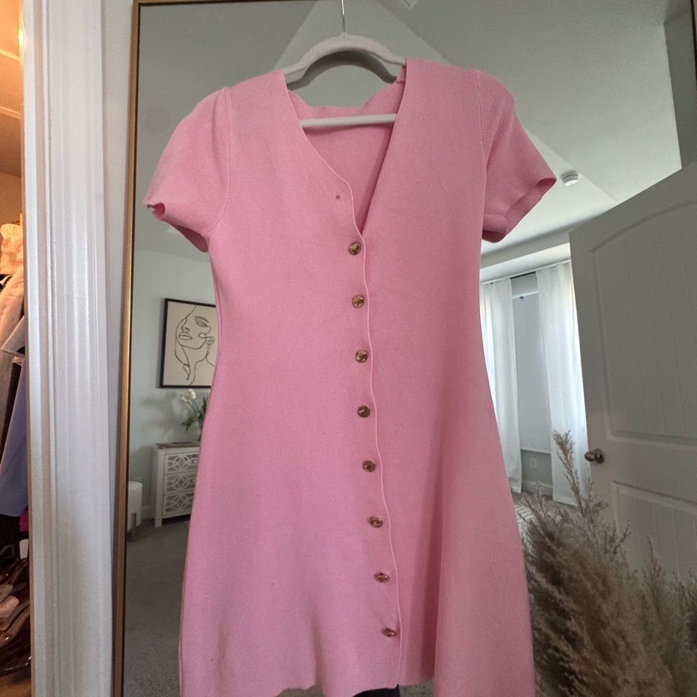 Pink Short-Sleeve Button-Front Knit Dress